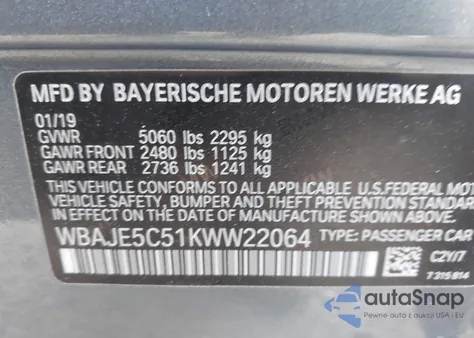 2019 BMW 540I из США, поврежденный, VIN WBAJE5C51KWW22064